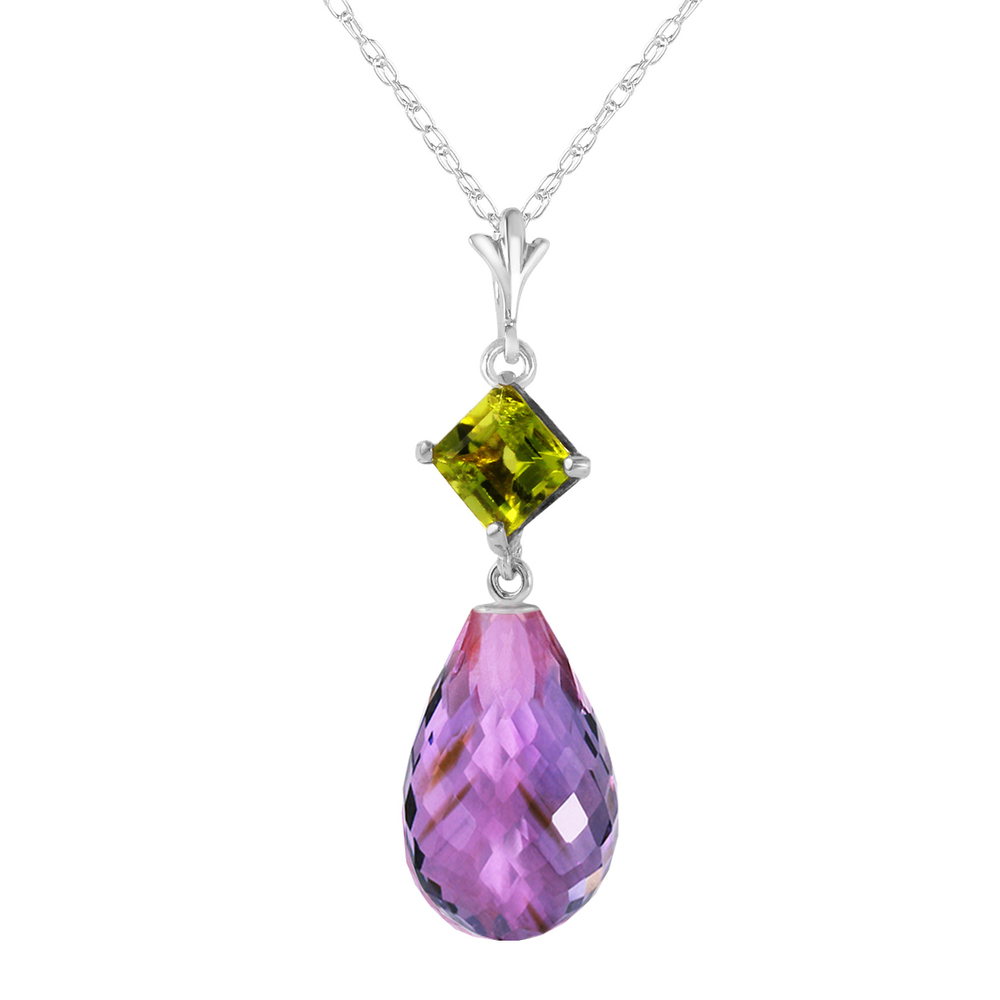 14K. SOLID GOLD NECKLACE WITH PERIDOT & AMETHYST (White Gold)